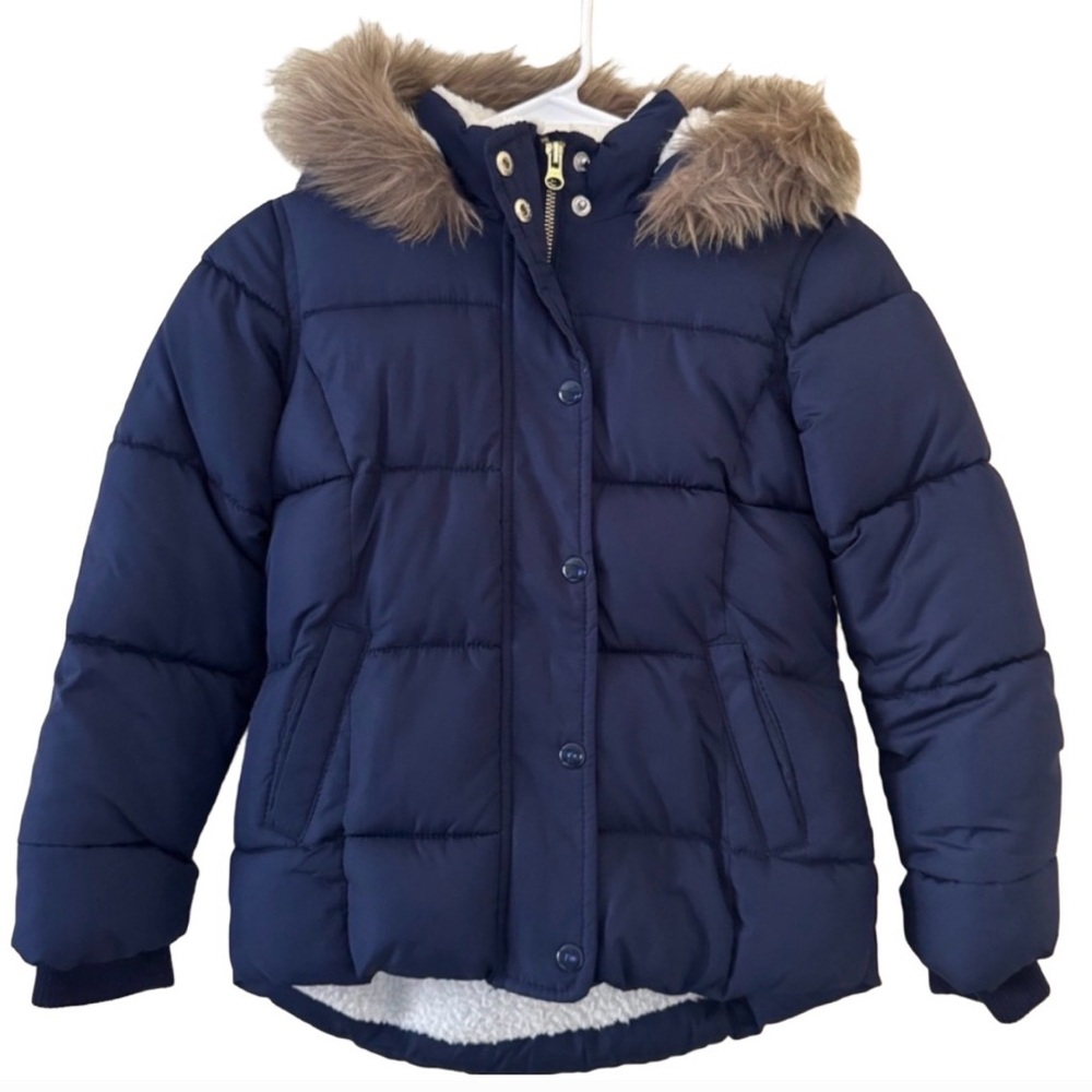Old Navy Girls Dark Blue Puffer Jacket with Faux Fur Trim